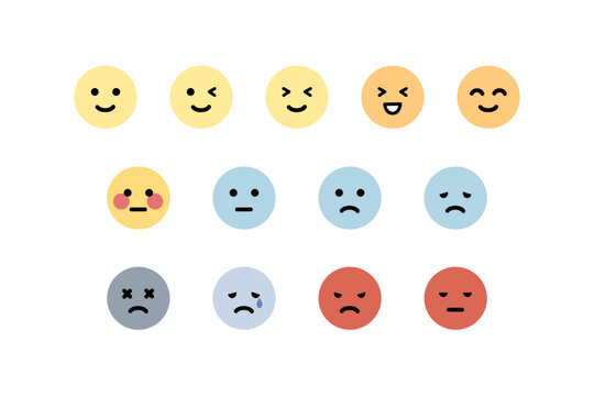 Naklejki Happy, sad, angry, tired emoji face emoticon set. Round emoji with different mood. Feeling, emotion, facial expression concept. Flat cartoon character vector design isolated illustration.