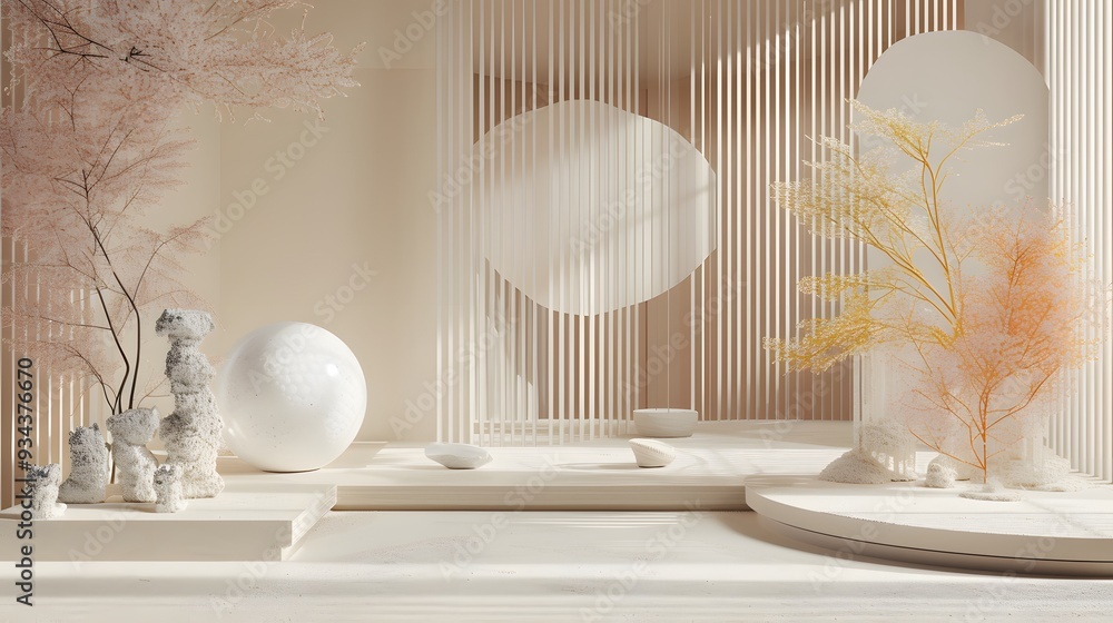Poster a platform abstract scene with an intricate mixture of modern aesthetics and gipsum props ai generat