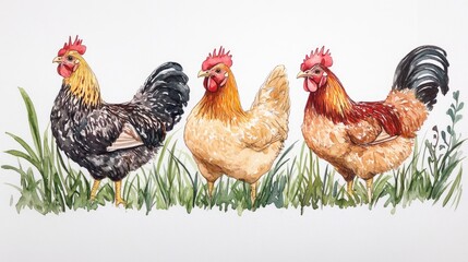 Fototapeta premium Three chickens and a young rooster foraging on grass created with ink and watercolor techniques