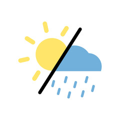 Sun and raining cloud icon. Natural, environment, climate, weather, forecast concept. Flat vector design isolated illustration.