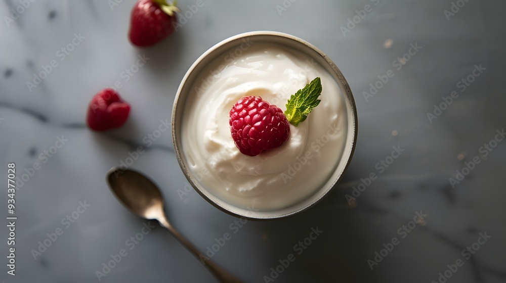 Aufkleber a raspberry placed in the center of a plain yogurt scoop in a flat bowl atop a minimal tabletop ai g