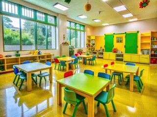 Vibrant yellow and green kindergarten classroom with tables, chairs, and educational toys, creating a fun learning environment for toddlers to discover and grow in Gujarat, India.