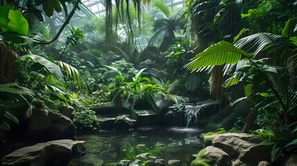 Naklejka premium A rainforest habitat complete with exotic plants and animals AI generated illustration