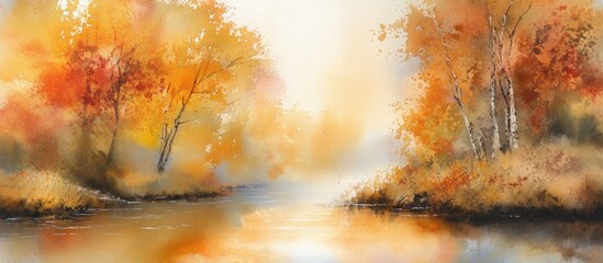 Watercolor depiction of a river in autumn
