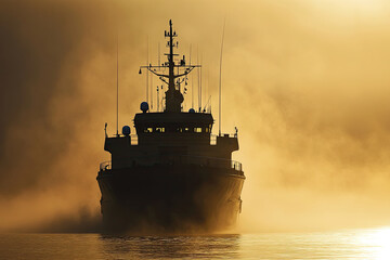 Fototapeta premium Silhouette of a Naval Ship Sailing Through Dense Fog at Sunrise