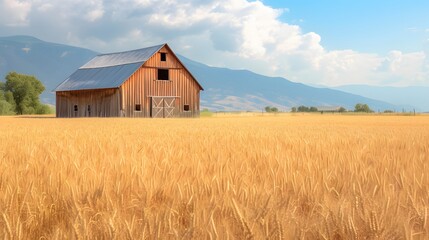 Fototapeta premium A rustic barn in a golden wheat field AI generated illustration
