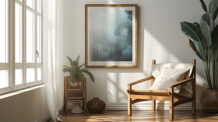 Fototapeta premium A rooms corner speaks volumes about minimalism featuring a cinematic poster encased in a wooden frame AI generated illustration