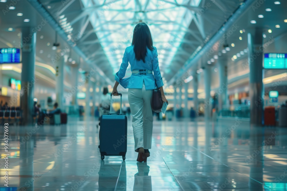 Poster A flight attendant is seen pulling a suitcase while walking through a busy airport terminal filled with travelers during the evening. Generative AI