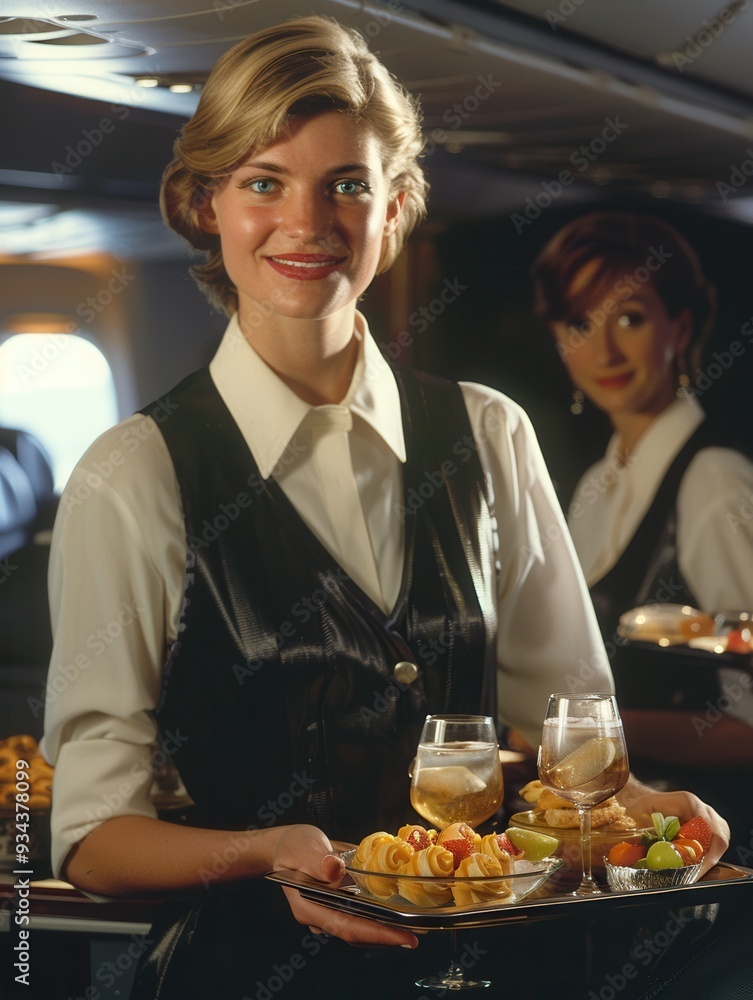 Poster a flight attendant smiles while serving drinks and snacks to passengers during a flight. generative 