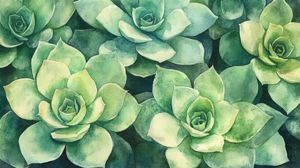 Watercolor depiction of green succulents in close up view