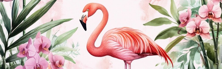 Watercolor artwork featuring a pink flamingo surrounded by pink orchids bamboo leaves philodendron and areca palm