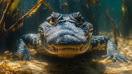 Fototapeta premium An alligator with sharp teeth and eyes peering out of the murky water.