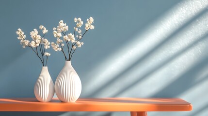 青い壁の前のテーブルの上にある花瓶