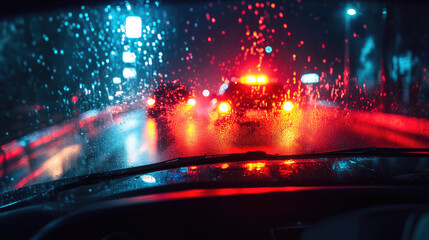 Rainy Night Driving with Blurred City Lights Seen Through a Windshield