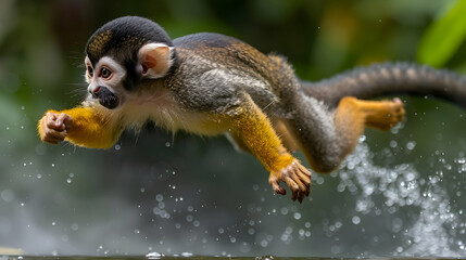 Obraz premium Amazon Common Squirrel Monkey jumping between branches, its agile movements captured mid-air