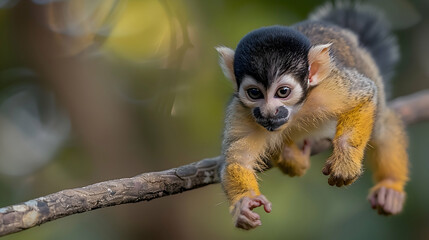 Obraz premium Amazon Common Squirrel Monkey jumping between branches, its agile movements captured mid-air