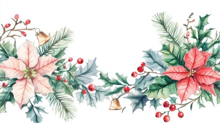 Watercolor Christmas fir wreath featuring bells holly mistletoe and poinsettia A decorative wreath for design print or background for the New Year