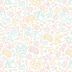 Hand drawn travel seamless pattern. Summer vacation doodles on white background. Vector illustration.