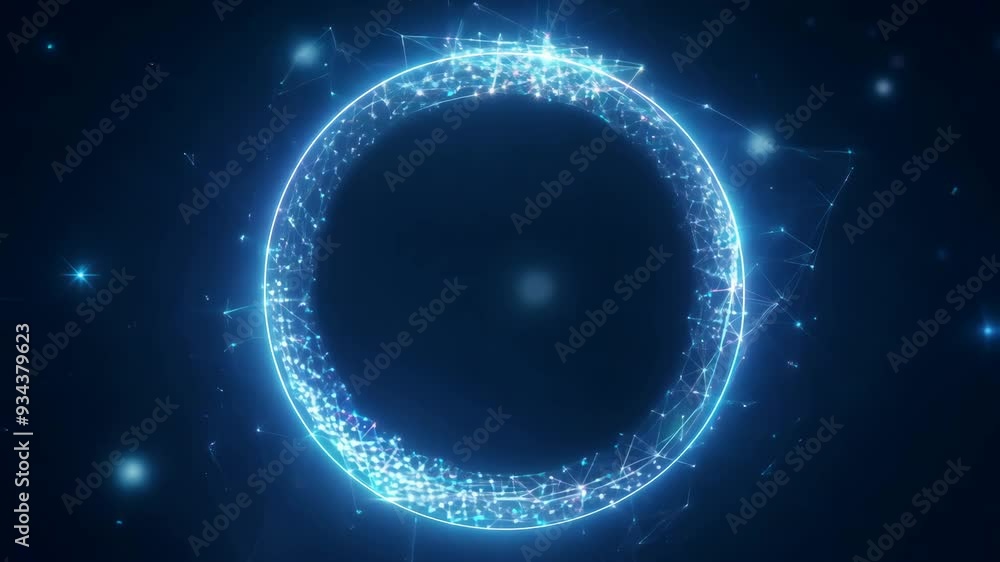 Poster animation of empty round hologram frame with light effect on black background. technology glowing hu