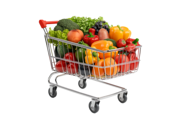 shopping cart with fresh vegetables and fruit isolated on transparent background