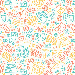 Hand drawn travel seamless pattern. Summer vacation doodles on white background. Vector illustration.