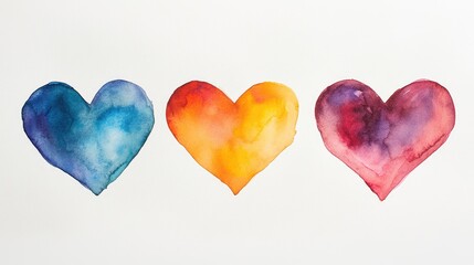 Fototapeta premium Three watercolor hearts on a white backdrop