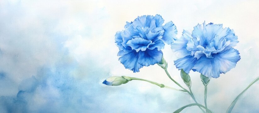 Watercolor depiction of blue carnation flowers
