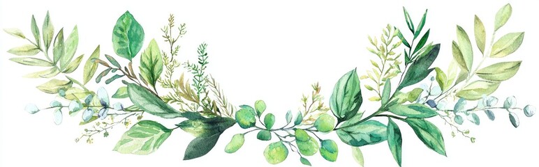 Watercolor botanical wreath featuring greenery leaves and herbs Ideal for wedding invitations greeting cards packaging and stationery Hand drawn watercolor illustration