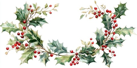 Fototapeta premium Watercolor Christmas wreath featuring holly with winter greenery and red berries An illustration suitable for floral postcards and invitations set against a white background