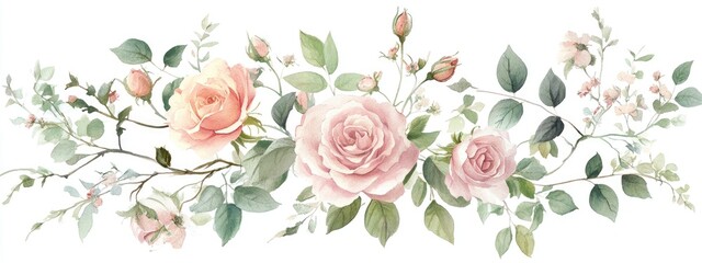Watercolor collection of decorative arrangements featuring soft pink rose blossoms foliage and twigs
