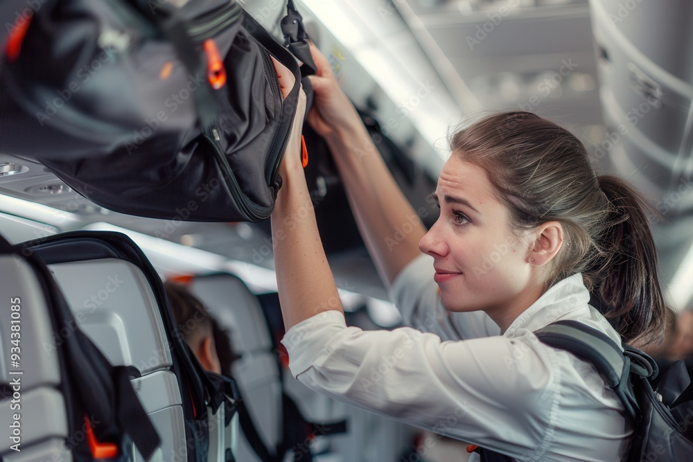 Leinwandbilder a flight attendant helps passengers store their bags in overhead compartments while maintaining a fr