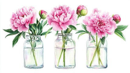 Peonies arranged in a clear bottle Isolated on a white background Watercolor illustration