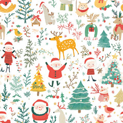 Festive Christmas pattern featuring Santa Claus, reindeer, and holiday decorations on a white background. This seamless design is perfect for wrapping paper, textiles, and holiday projects.