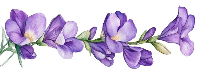 Violet freesia flower Watercolor illustration featuring a hand drawn fully bloomed lilac freesia flower element Isolated on a white background