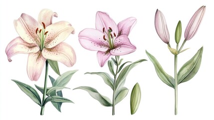 Watercolor collection featuring delicate pink lilies in bloom accompanied by green leaves and a budding flower