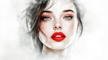 Portrait of a young woman featuring red lips and smoky eye makeup rendered in pencil and watercolor sketch style