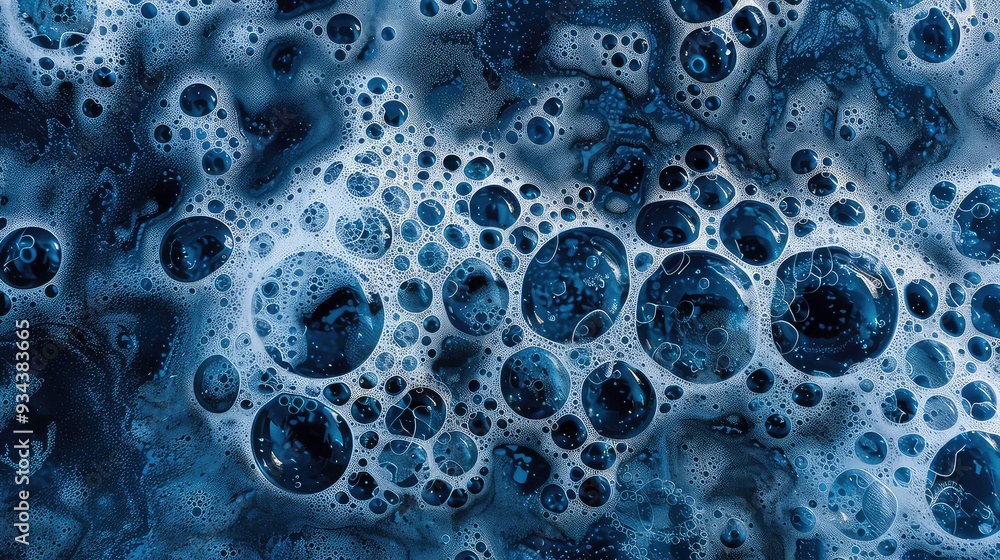 Aufkleber close-up abstract of bubbles in a dark blue liquid, creating a mesmerizing pattern of circles and li