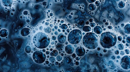 Close-up abstract of bubbles in a dark blue liquid, creating a mesmerizing pattern of circles and lines.