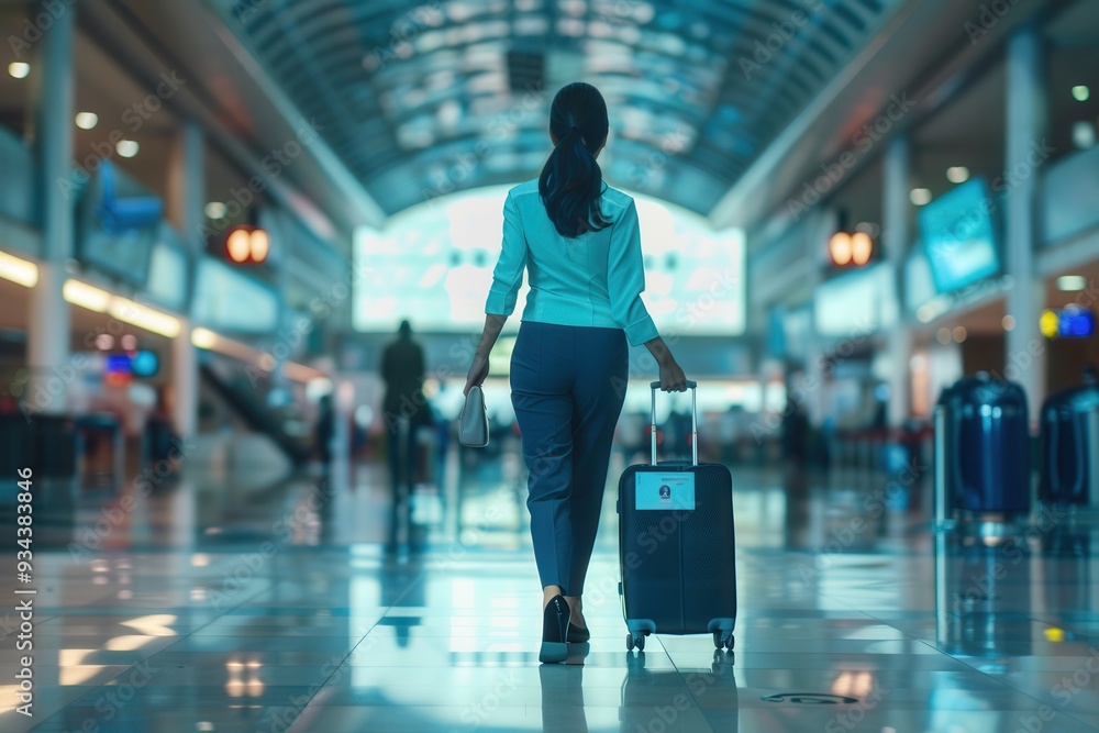 Poster A flight attendant walks through the airport carrying a suitcase while wearing a uniform in a bustling terminal. Generative AI