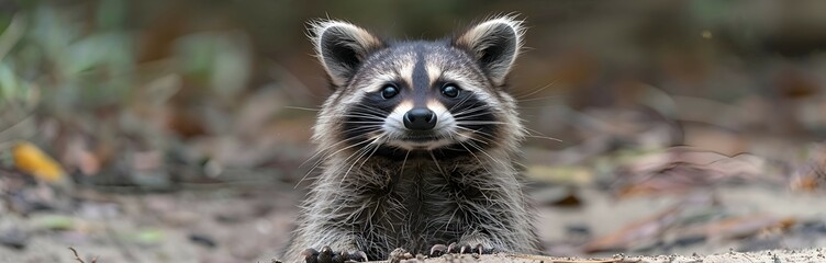 Fototapeta premium Amazon Crab-eating Raccoon face, showcasing its fur and whiskers with a blurred background