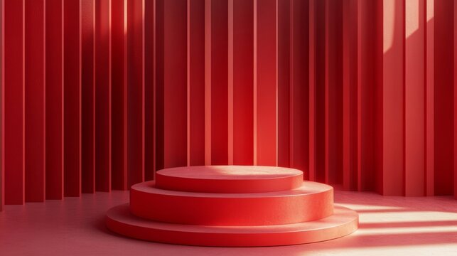 A red stage with a red platform in the middle