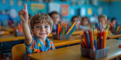 Children with arm raised in school classroom