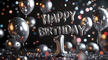 Fototapeta premium Elegant First Birthday Celebration with Metallic Balloons and Colorful Confetti on a Dark Background