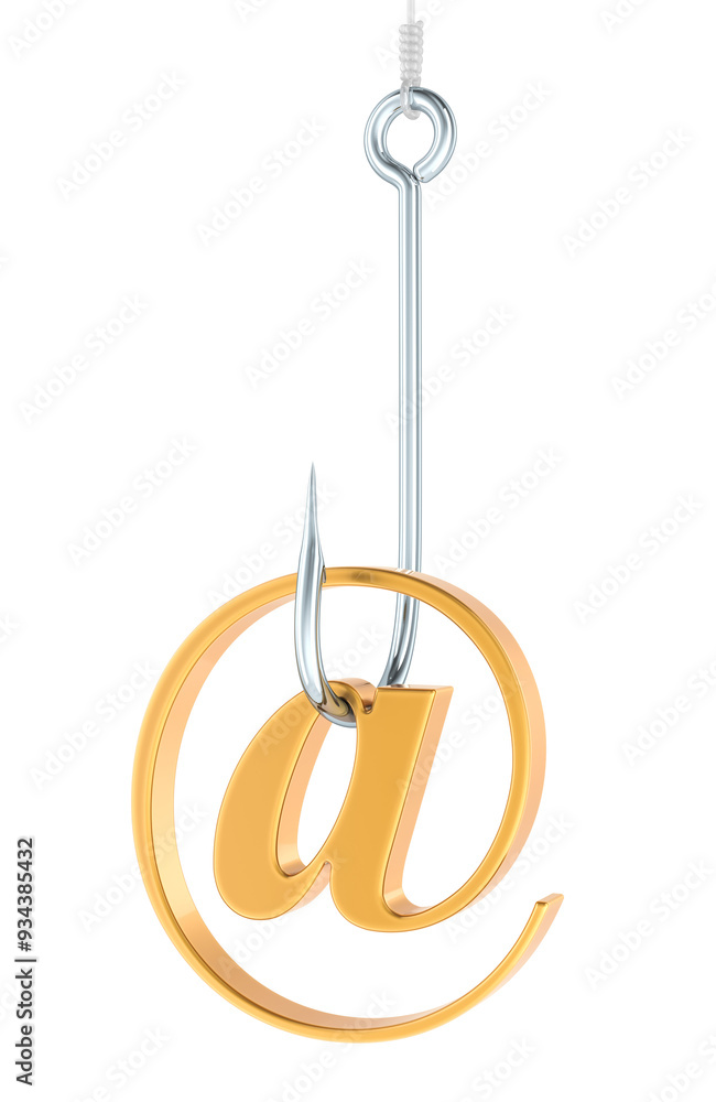 Poster fishing hook with at sign. phishing and cyber crime concept, 3d rendering isolated on transparent ba