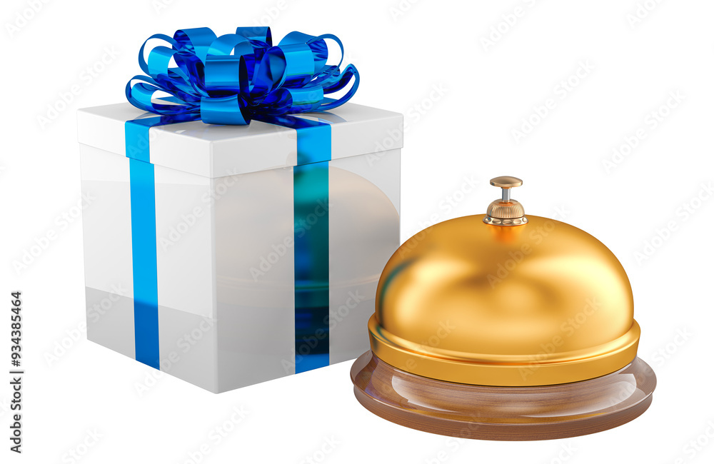 Poster gift box with reception bell. 3d rendering isolated on transparent background