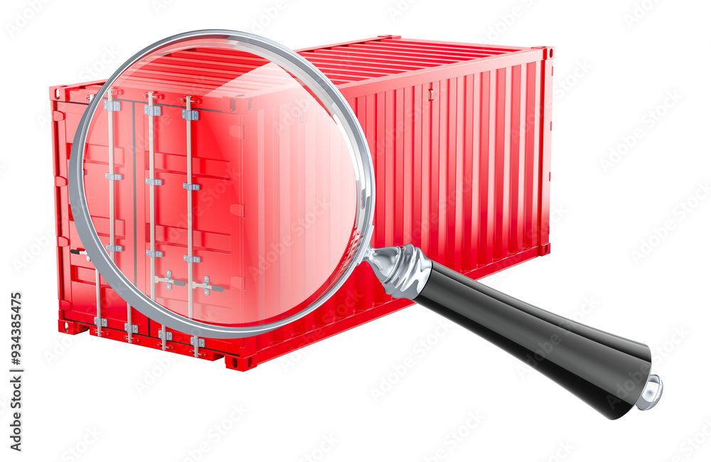 Poster cargo container with magnifying glass, loupe. 3d rendering isolated on transparent background