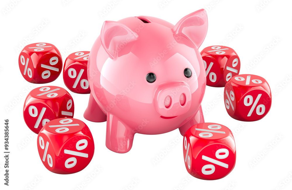 Poster piggy bank with discount cubes, 3d rendering isolated on transparent background
