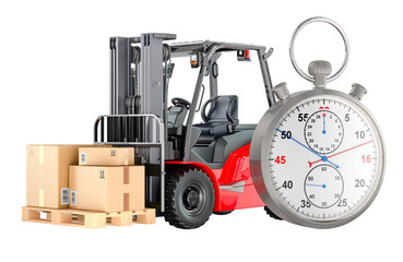 Stopwatch and Forklift truck with parcels. Fast delivery and shipping concept, 3D rendering isolated on transparent background