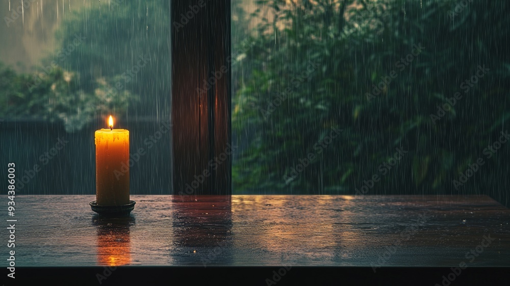 Poster a candle is lit on a table in front of a window