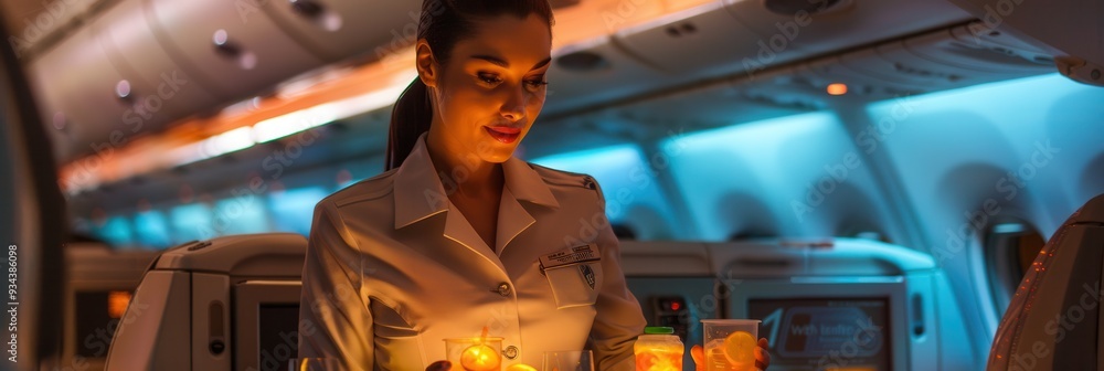 Poster a flight attendant gracefully serves drinks to passengers in a dimly lit cabin during an evening fli